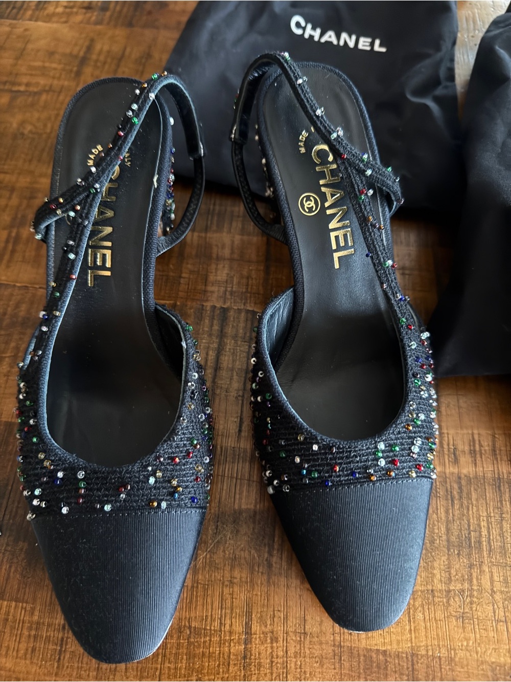 CHANEL Black Slingback Heels with Multicolor Bead Accents